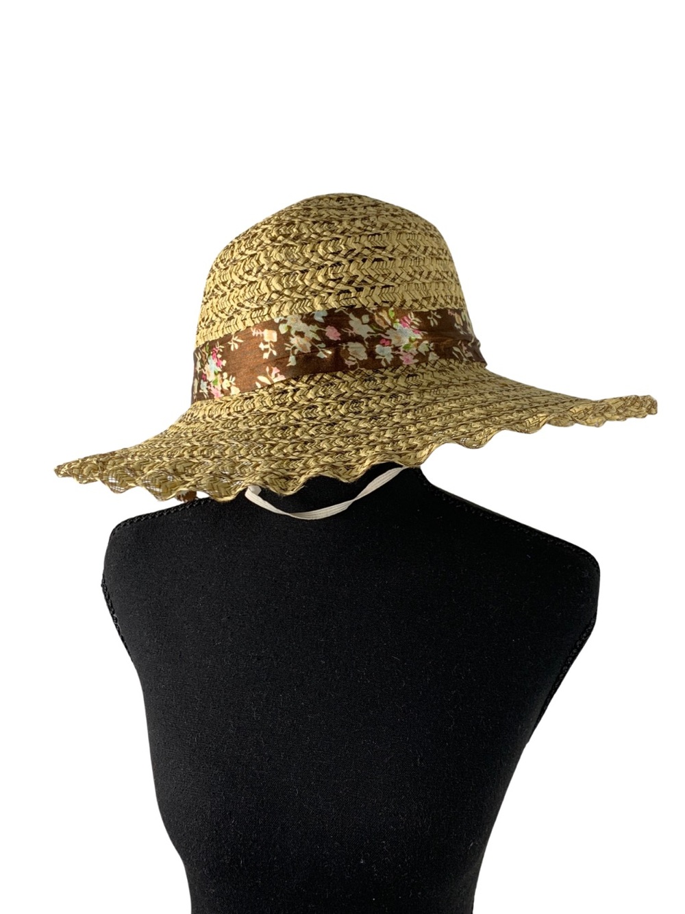 Woven Straw Sun Hat with Floral Brown Band Women's Neutral Beach Cottagecore